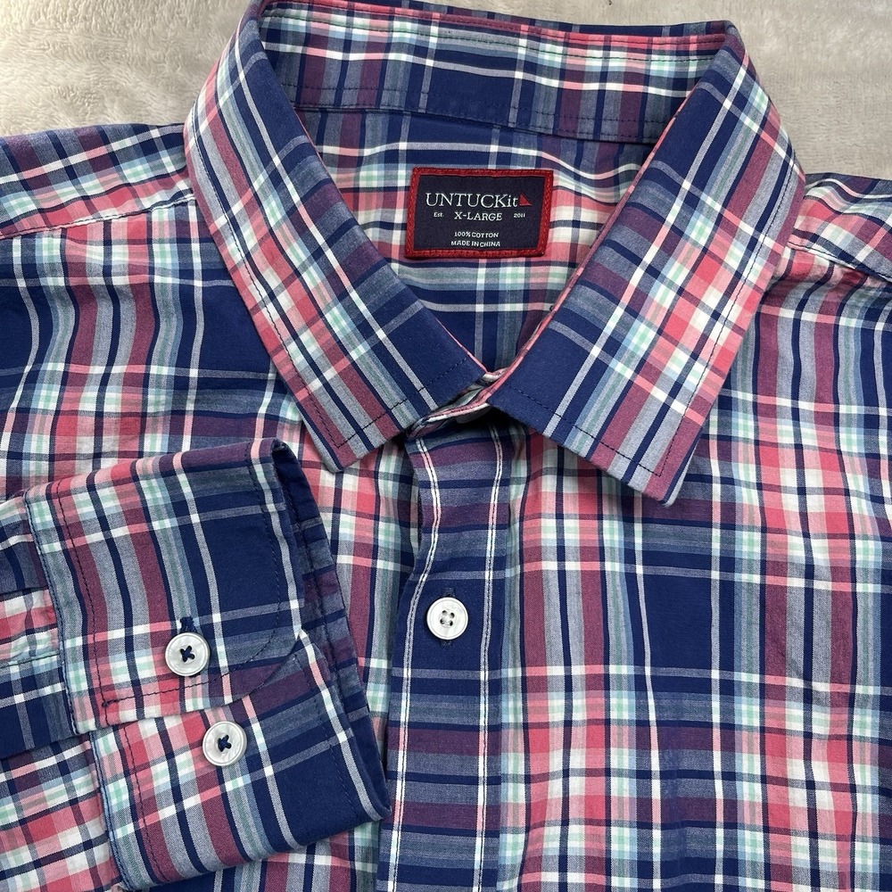 UNTUCKit Men's XL Cotton Blue Pink‎ Plaid Long Sleeve Button Front Shirt